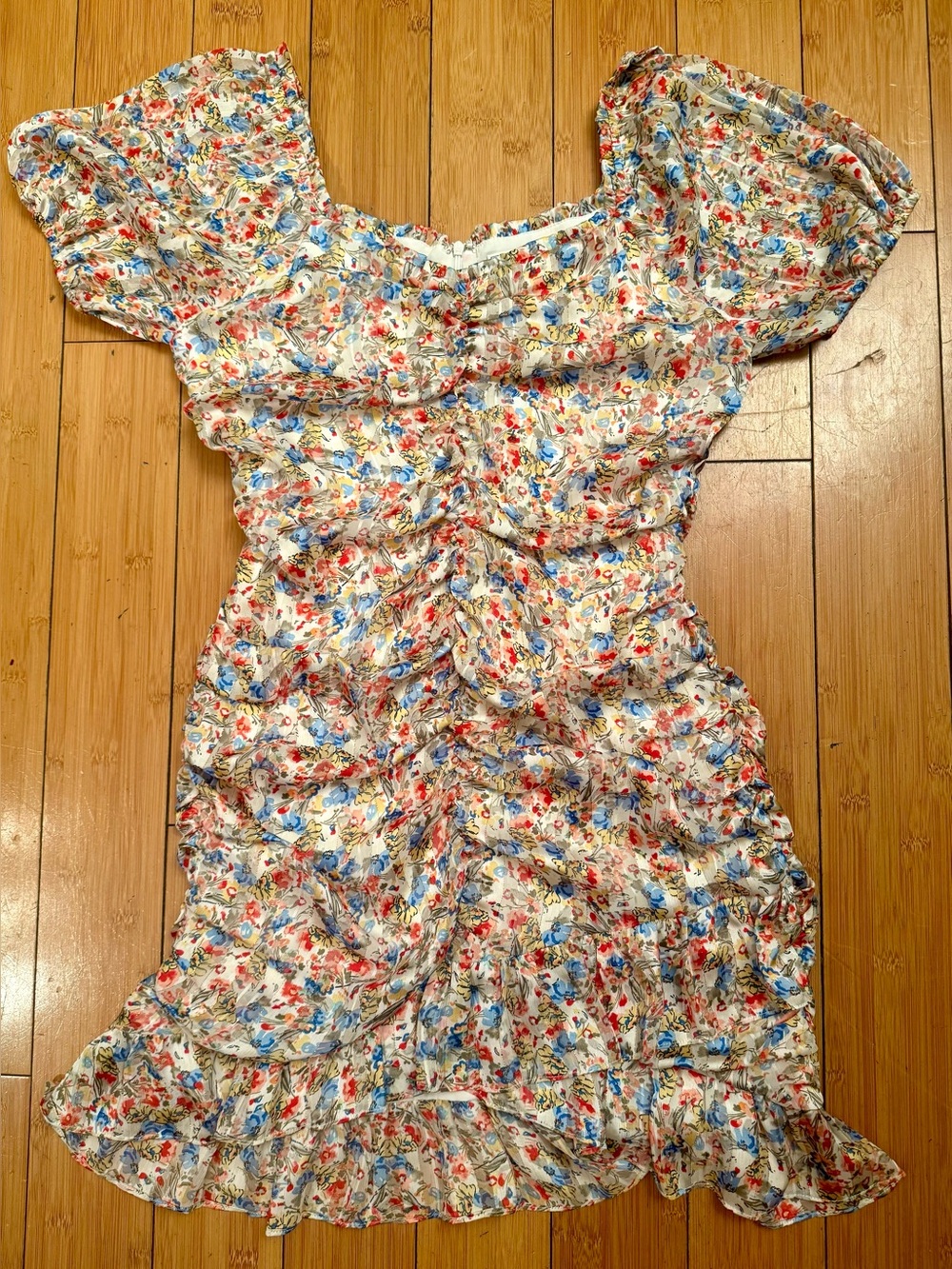 Sage The Label Floral Ruched Puff Sleeve Mini Dress Size L, new without tags